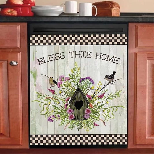 Bless This Home Dishwasher Magnet Vinyl Panel Fridge Decal,Flower Birds Dish Washer Cover Refrigerator Magnetic,Kitchen Decor Sticker Home Appliance Magnets 23"x17"