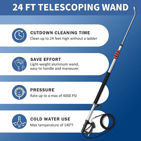 24FT Telescoping Pressure Washer Wand Kit - Extension Pole, Gutter Cleaner, Brush & 5 Nozzles for Roof, Deck, Vehicle, Sidings