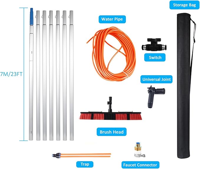 Window cleaning pole 3~12m extendable window cleaning kit window cleaning pole steel buckle fixing, easy to install,with 20m water supply hose 50cm water hole large brush head Roof Cleaning Tools
