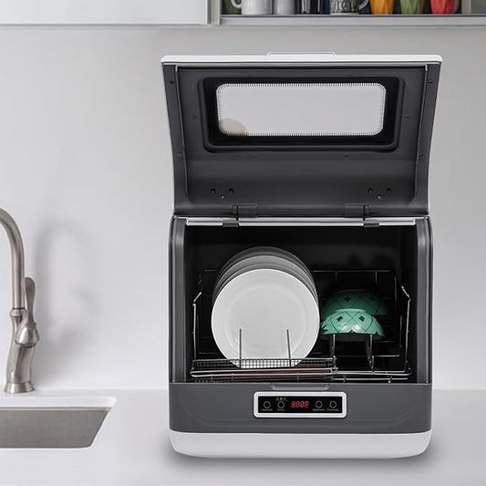 Countertop Dishwasher, 110V 800W Portable Compact Tabletop Dishwasher with 3 Washing Programs, Automatic Dish washer with Water Pipe, Cleaning Machine for Household Kitchen Apartment Boat (White)