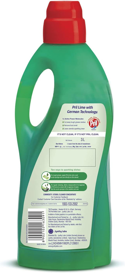 Pril Lime Liquid Dishwash Gel - 3L | Dish Cleaning Liquid Gel with German Technology - Active Power Molecules Leaves No Residue, Grease Cleaner For All Types of Utensils