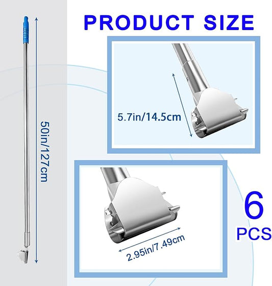 6 Pcs Clip on Dust Mop Handle with Chuck 51.18 Inch Stainless Steel Mop Replacement Stick Laminate Floor Cleaning Supplies for Kitchen Home Office Restaurant Bathroom Wood Tile