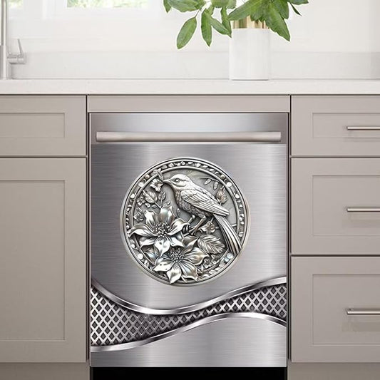 Stainless Steel Design Bird Pattern Dishwasher Magnet Cover Sticker,Refrigerator Magnet Cover Decal Fridge Microwave Stickers Kitchen Decor,23 x 17 Inch