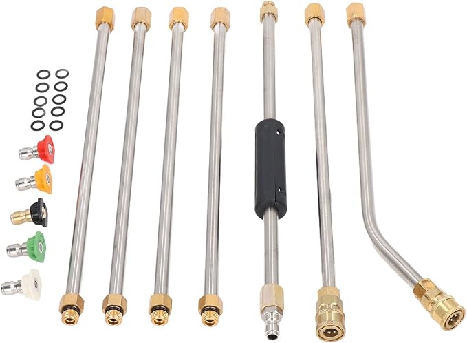 High Pressure Power Washer Extension Wand Set, Gutter Cleaning Tool with 5 Nozzle Tips, 4000PSI Pressure Washer Lance for Car, Driveway, Roof and Deck Cleaning, Includes 7 Straight