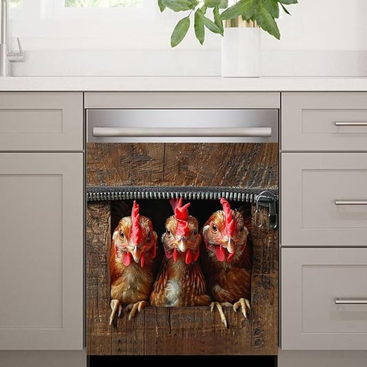 Wood Board and Rooster Wallpaper Dishwasher Magnet Cover Sticker Magnetic Refrigerator Panel Sticker Decorative Front Door Decal 23W x 26H inchs