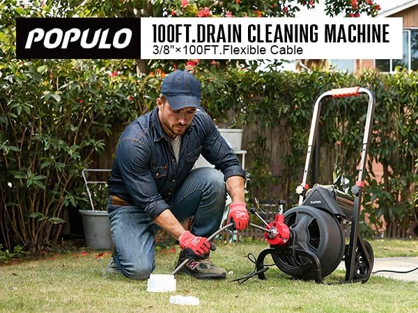 POPULO 100FT Drain Cleaner Replacement Cable – 3/8 Inch Solid Core Cable for 1.5" to 3" Pipes – Compatible with POPULO 100FT Drain Cleaning Machine