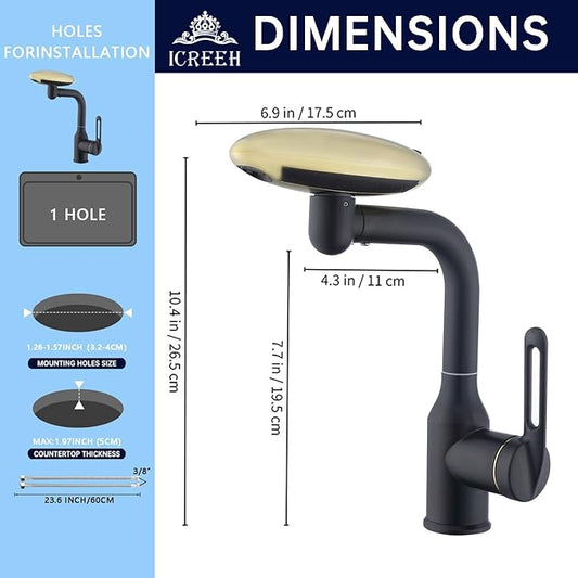 Single Hole Rotatable Bathroom Sink Faucet Black and Gold - 4 Water Modes Multifunctional Faucet with 360° Swivel, Extended Spout & Fountain Mode