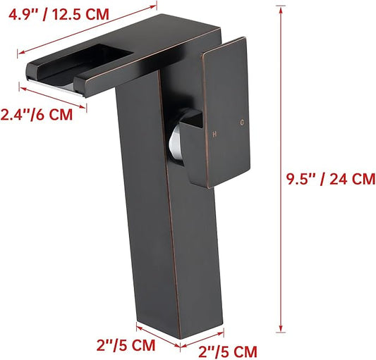 LED Waterfall Bathroom Sink Faucet, 3 Colors Changing Glass Spout Faucet with Water Supply Hose, Single Handle Single Hole Slanted Body Brass Mixer Vanity Sink Tap (Oil Rubbed Bronze