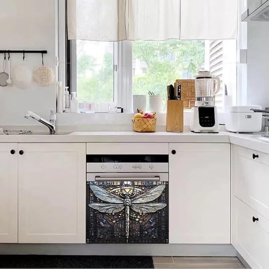 Retro Dragonfly Dishwasher Magnet Cover, Modern Art Deco Fridge Panel Magnetic Decal Home Kitchen Decor, Reusable Dishwasher Covers,23 x 17 inch
