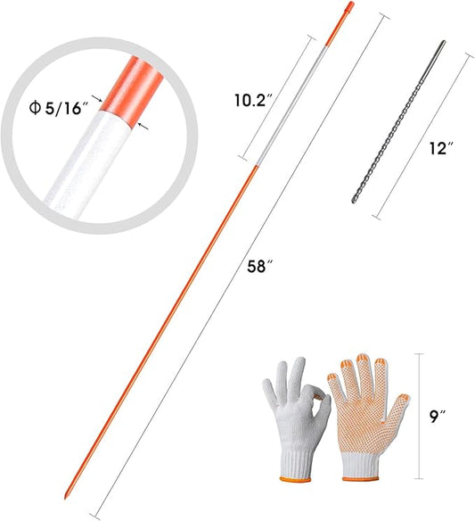 58 Inch Approx 5FT Driveway Markers with 10.2" Reflective Tape 20 Pack Solid Fiberglass Snow Stakes for Snow Plowing with Drill Bit and Gloves 5/16 Inch