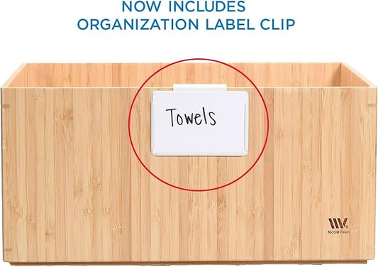 MobileVision Bamboo Bathroom Bin Organizer for Toiletries, Make Up & Cosmetics, Brushes, Styling Tools & Products, Cleaning Supplies, Toilet Paper 14” x 11” x 6.5” With White Clip Included