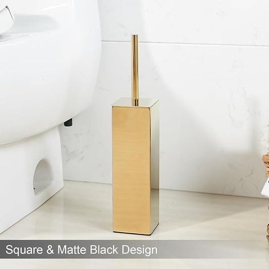 Gold Square Stainless Steel Toilet Brush with Holder, 304 Modern Toilet Brush Set – Rust Resistant, Long Handle, Replacement Heads, Floor Standing Bathroom Toilet Cleaning Brush