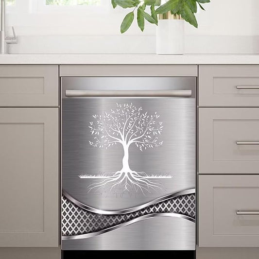 Stainless Steel Design Tree Pattern Kitchen Decorative Dishwasher Cover Magnet Sticker,Fridge Panel Door,Refrigerator Decal Home Decor 23x17inch