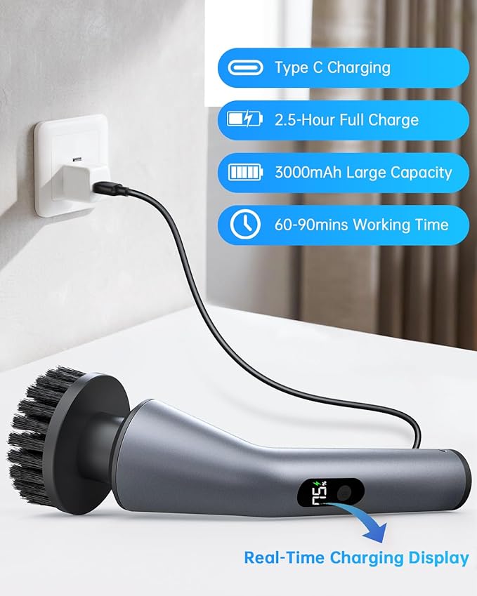 Electric Spin Scrubber, IPX7 Waterproof Dual Speed Cordless Cleaning Brush with 7 Replacement Heads, Extendable Long Handle Shower Scrubber for Bathroom Shower Bathtub Glass Tub Tile Floor Car