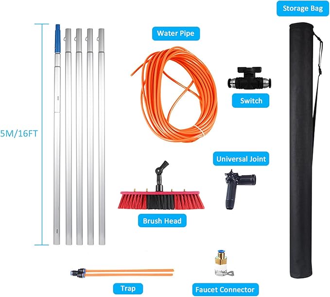 Window cleaning pole 3~12m extendable window cleaning kit window cleaning pole steel buckle fixing, easy to install,with 20m water supply hose 50cm water hole large brush head Roof Cleaning Tools