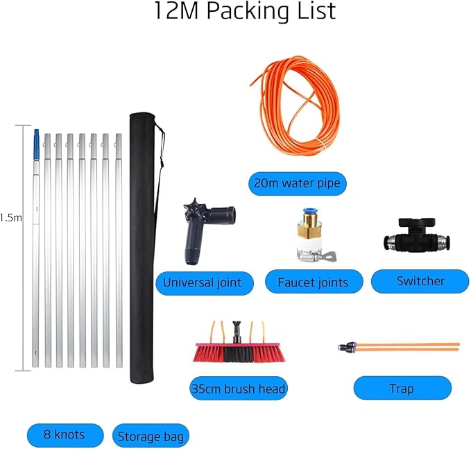 Telescopic Cleaning Brush up to, Water Powered, Gutter Cleaning Brush Roofing, Cleaning Solar Panels 12poles 35brush Head