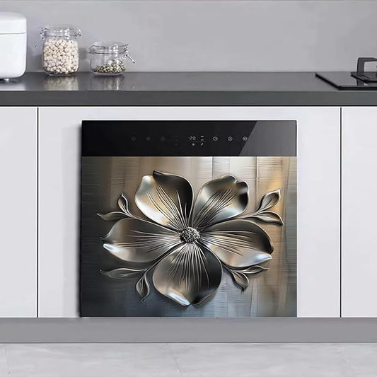 Metal Flower Dishwasher Magnetic Cover for Door Front, Retro Style Stainless Steel Refrigerator Magnet Decor Sticker, Dishwasher Magnet Panel Decal for Fridge Home Appliance 23 W x 17 H inches
