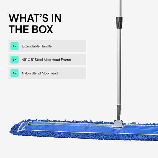 48 Inch Blue Commercial Dust Mop & Floor Sweeper with Extendable Handle – Mop for Hardwood, Tile, and Concrete Floor Cleaning