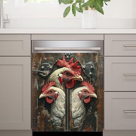 Wood Board and Rooster Painting Dishwasher Magnet Cover,Fridge,Refrigerator Magnetic Panel Decals,Home Appliances Cabinet Magnets Sticker 23W x 26H inchs