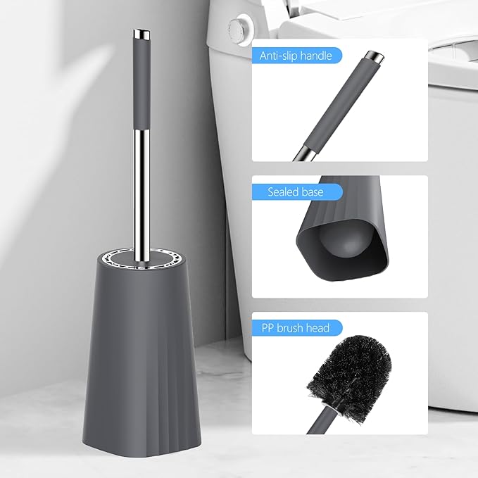 SetSail Toilet Brush, Compact Size Toilet Bowl Brush and Holder Toilet Brushes for Bathroom with Stainless Steel Handle Toilet Cleaner Brush with Durable Scrubbing Bristles, 3 Packs,Gery
