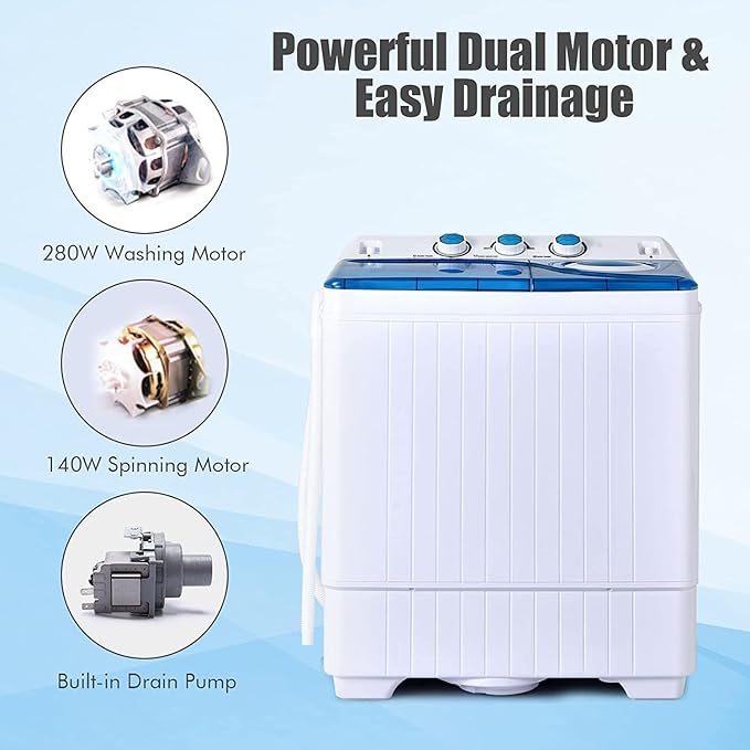 COSTWAY Portable Washing Machine, 2-in-1 Twin Tub 26lbs Capacity Laundry Washer(18lbs) and Spinner(8lbs) with Control Knobs, Timer Function, Drain Pump, Perfect for Home Apartment RV, Blue