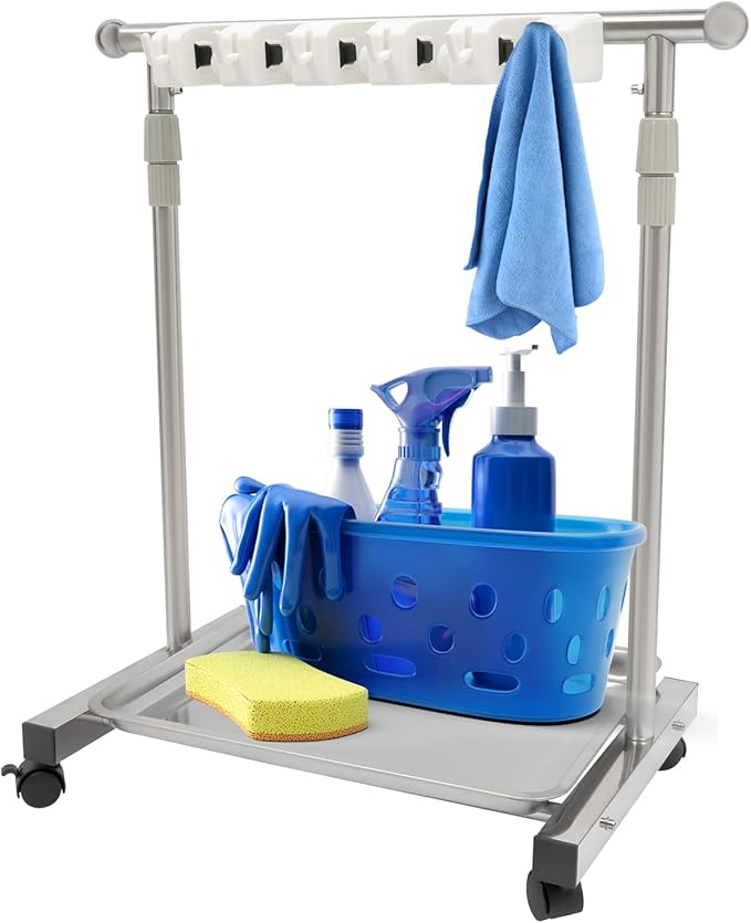 Broom Holder Organizer Movable Closet Storage Cabinet Mop Rack, Floor Standing Cleaning Supplies Tool Cart For Garage, Schools, Hotels, Hospitals, Factories, Restaurant(6 Hook & 5 Slots)