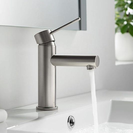 KIBI KBF1010 Solid Brass Single Handle Bathroom Sink Faucet, Circular X Single Hole Bathroom Faucet with Pop Up Drain | High Arc Spout | Brushed Nickel | Corrosion and Rust Resistant