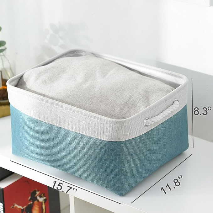 TheWarmHome Fabric Storage Bin with Handles,Storage Basket for Home Storage and Organization, Shelf Basket with Cover for Living Room Bedroom Closet???White & Green Large,15.7L*11.8W*8.3H