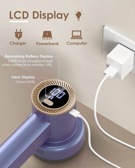 HOMEASY Fabric Shaver, Rechargeable Lint Remover for Clothes Purple | Electric sweater shaver and depiller with 70mm head, 6-leaf blades, LED battery display and Type-C charging for Furniture - Image 2