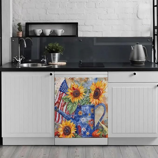 Generic USA Flag Sunflower Dishwasher Face Cover - Magnetic Decorative Farmhouse Flower Stickers, Simple Dishwasher Sticker, Fridge Door Cover, 23Wx26H