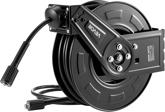 VEVOR Pressure Washer Hose Reel, 60 ft x 1/4 inch Retractable Power Heavy-Duty Steel Washer Hose Reel, 4000PSI Max, Auto-Rewinding, Flexible Wall/Floor Mounted for Car Washing,Garden,Floor Cleaning