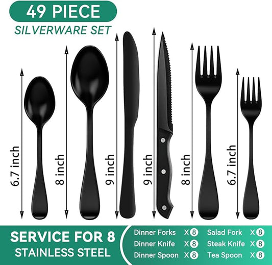 49-Piece Black Silverware Set with Organizer, Stainless Steel Flatware Set for 8 with Drawer Tray, Cutlery Steak Knives Fork Spoon for Home Restaurant, Mirror Finish