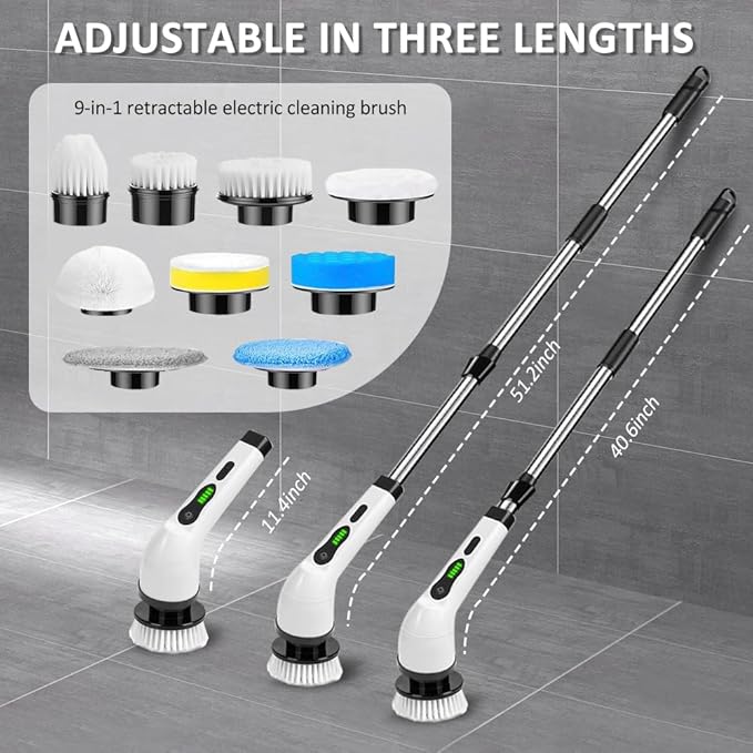 Electric Shower Spin Scrubber, Scrub Brush Floor Scrubber with Long Handle, Electric Cleaning Brush with 9 Replaceable Heads, for Bathroom Kitchen Tile Grout Shower Car Cleaning Supplies