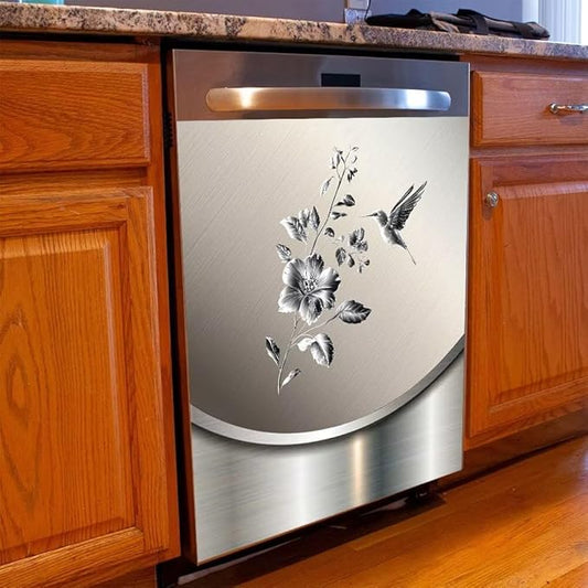 Dishwasher Magnet Cover Sticker,Stainless Steel Design Bird and Flower Pattern Magnetic Refrigerator Door Decal Magnets Kitchen Decor Sticker Fridge Magnets Decor Panel,23W x 26H inchs