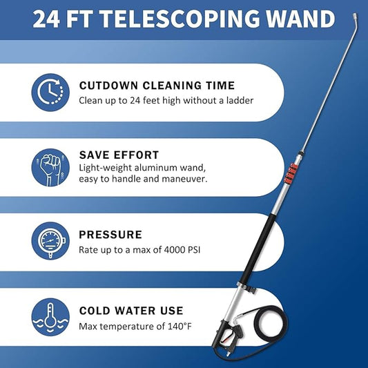 24FT Telescoping Pressure Washer Wand Kit - 2 Extension Poles, Gutter Cleaner, Brush, Pivoting Coupler & 7 Nozzles for Roof, Deck, Vehicle, Sidings