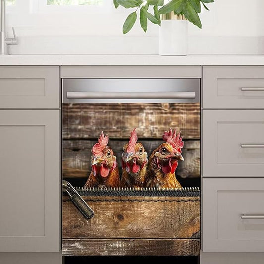 Wood Board and Rooster Pattern Dishwasher Magnet Cover Sticker Magnetic Refrigerator Panel Sticker Decorative Front Door Decal 23W x 26H inchs