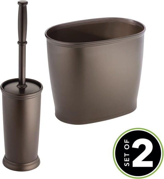 mDesign Plastic Compact Toilet Bowl Brush, Round Slim Wastebasket, Garbage Can/Recycling Bin Combo - Bathroom Cleaning/Storage, Holds Tissue, Cotton Balls, Trash, Hyde Collection, Set of 2, Bronze