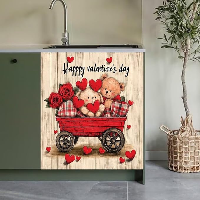 Happy Valentine's Day Kitchen Decor Dishwasher Magnet Cover Decal, Rustic Wood Red Wagon Magnetic Dish Washer Panel Door Vinyl Sticker, Refrigerator Magnets,Easy to Clean, 23 x 26 inch