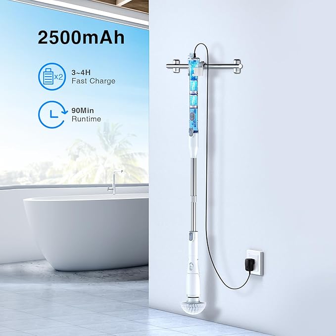 LABIGO Electric Spin Scrubber LA3 Pro, Cordless Bathroom Scrubber with 5 Replacement Head, 3 Adjustable Angle, Household Power Cleaning Brush with Extension Arm for Bathtub Car Grout Tile Floor