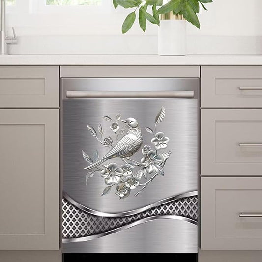 Stainless Steel Design Bird Painting Kitchen Decorative Dishwasher Cover Magnet Sticker,Fridge Panel Door,Refrigerator Decal Home Decor 23x17inch