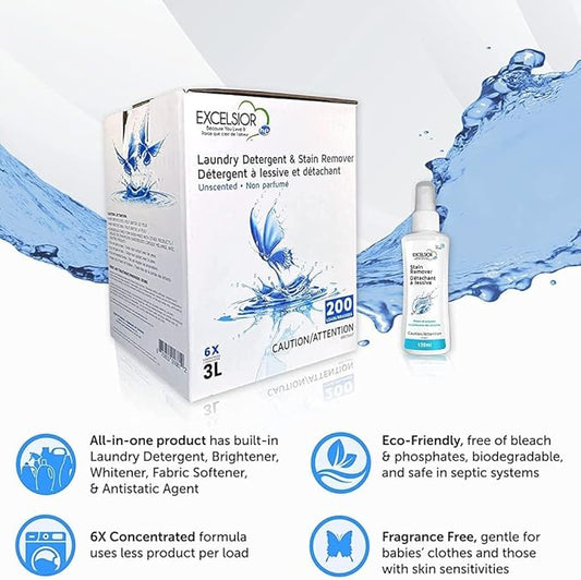 Excelsior - Laundry Detergent with Eco Bottle- Concentrated Liquid - Unscented, Biodegradable, Solvent, and Phosphate Free 3 Liter (2, New Packaging)