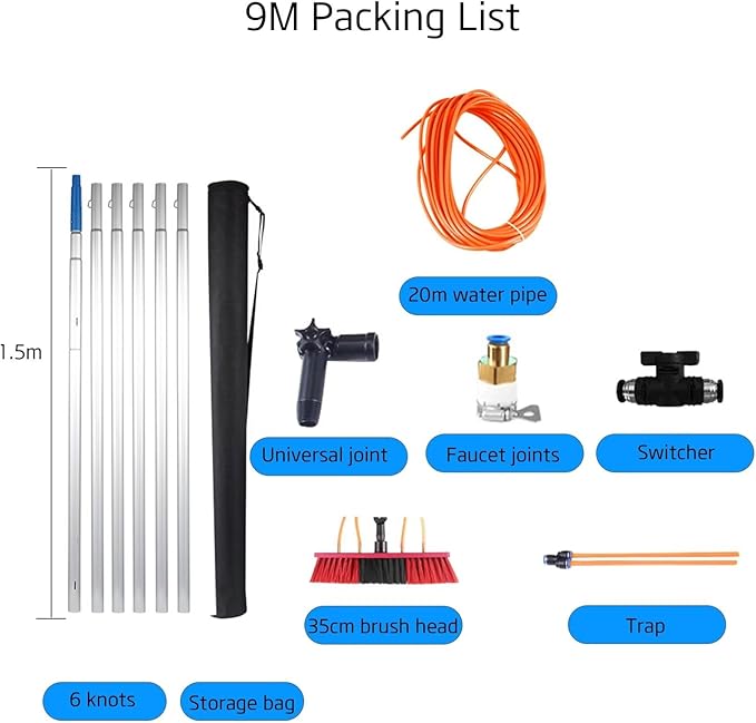 Window Cleaning Pole, Water Fed Telescopic Brush, Water/Hose Fed Pole, Cleaning Photovoltaic and Solar Panels 9poles 35brush Head