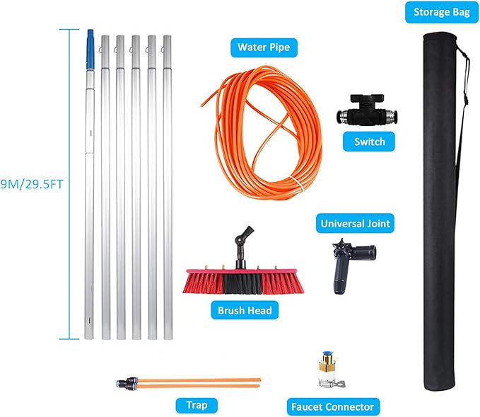 Window cleaning pole 3~12m extendable window cleaning kit window cleaning pole steel buckle fixing, easy to install,with 20m water supply hose 50cm water hole large brush head Roof Cleaning Tools