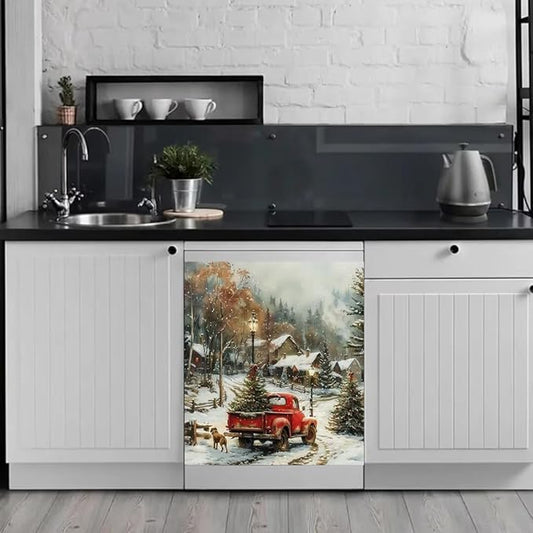 Red Truck with Christmas Tree Dishwasher Face Cover Magnetic,Forest Winter Landscapes Stickers,Xmas Streelight Sticker,Fridge Cover,23Wx26H