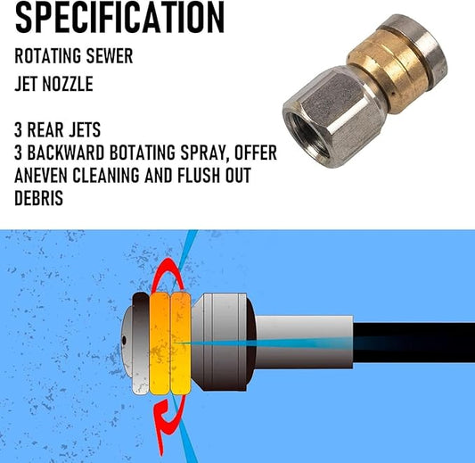 Xiny Tool Sewer Jetter Kit for Pressure Washer 100FT, 4000 PSI Drain Cleaner Hose 1/4 Inch NPT, Corner Rotating and Button Hose Sewer Jetting Nozzle Pearl Corsage Pin Tape Handle Strap Spanner, Blue