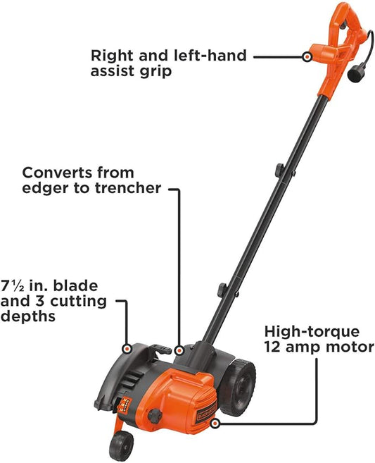 BLACK+DECKER Lawn Edger Trencher 2 in 1, 12 Amp 7.5 in. Electric Edger Lawn Tool for Landscaping and Trench Digger, 3 Height Settings, Corded (LE760FF)