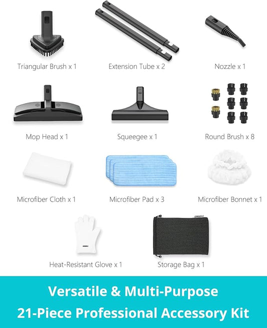 Steam Cleaner: 40s Fast Heating-0.66Gal (2.5L) Large Tank-21 PCS Kit-No Cooling-Refill Anytime-Detachable Hose Steamer Mop for Home Grout Tile Shower Floor Cleaning Black
