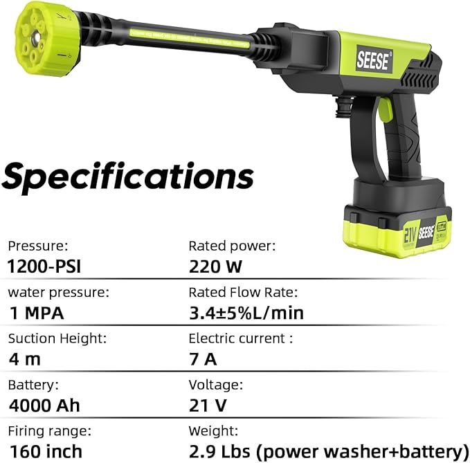 Cordless Pressure Washer Gun: 1200 PSI Portable Electric Washer for Vehicle, Driveway & Deck - Ergonomic Handle Design with 30min Runtime & 6-in-1 Nozzle
