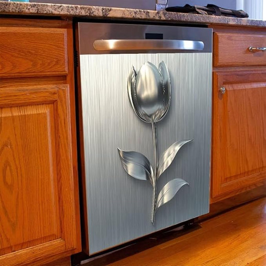 Dishwasher Magnet Cover Sticker,Brushed Silver Stainless Steel Style Background Flower Pattern Fridge Door Cover Magnetic,Refrigerator Magnet Wraps Vinyl,Home Decor Vinyl Sticker,23W x 26H inchs