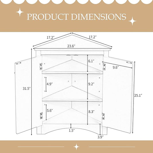 Corner Storage Cabinet with Adjustable Shelves, Triangle Bathroom & Kitchen Organizer, Freestanding Floor Cabinet for Toilet Kitchen Bathroom Cleaning Supplies (Oak)